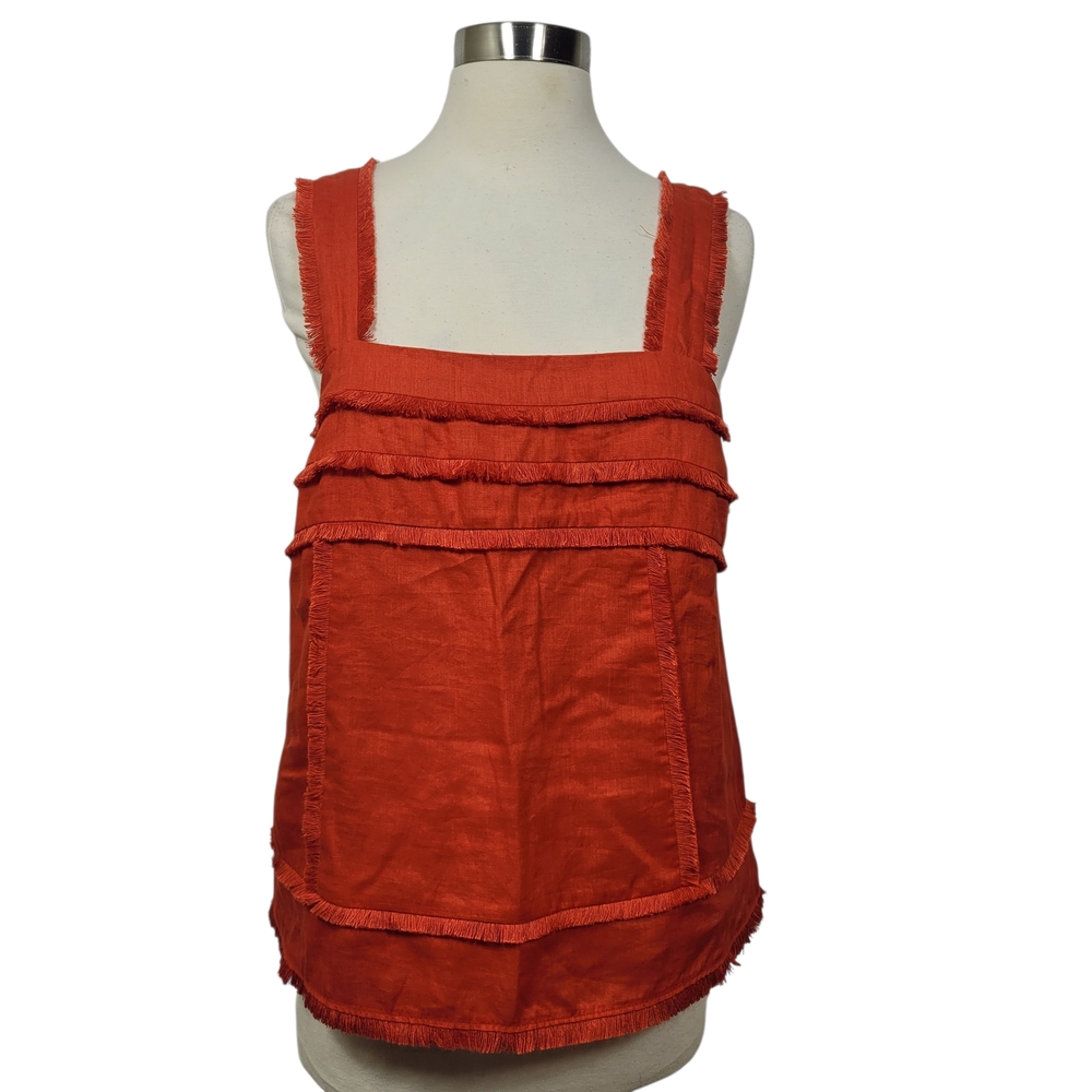 J. Crew Squareneck Linen Bold Red Fringe Boho Chic Tank Top Size 6 Petite